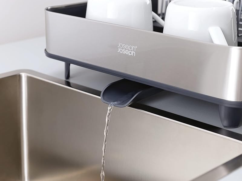 Séchoir à Vaisselle Extensible en Acier avec Compartiment à Couverts Amovible, Bec D'Égouttage Pivotant - Gris/Acier