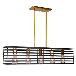 5 Lights Linear Pendant Lighting Brushed Brass Kitchen Island Contemporary Chandeliers Black Long Kitchen Light fixtures Semi Flush Mount Ceiling Lights with Convertible Metal Cage Shades by Lucidce
