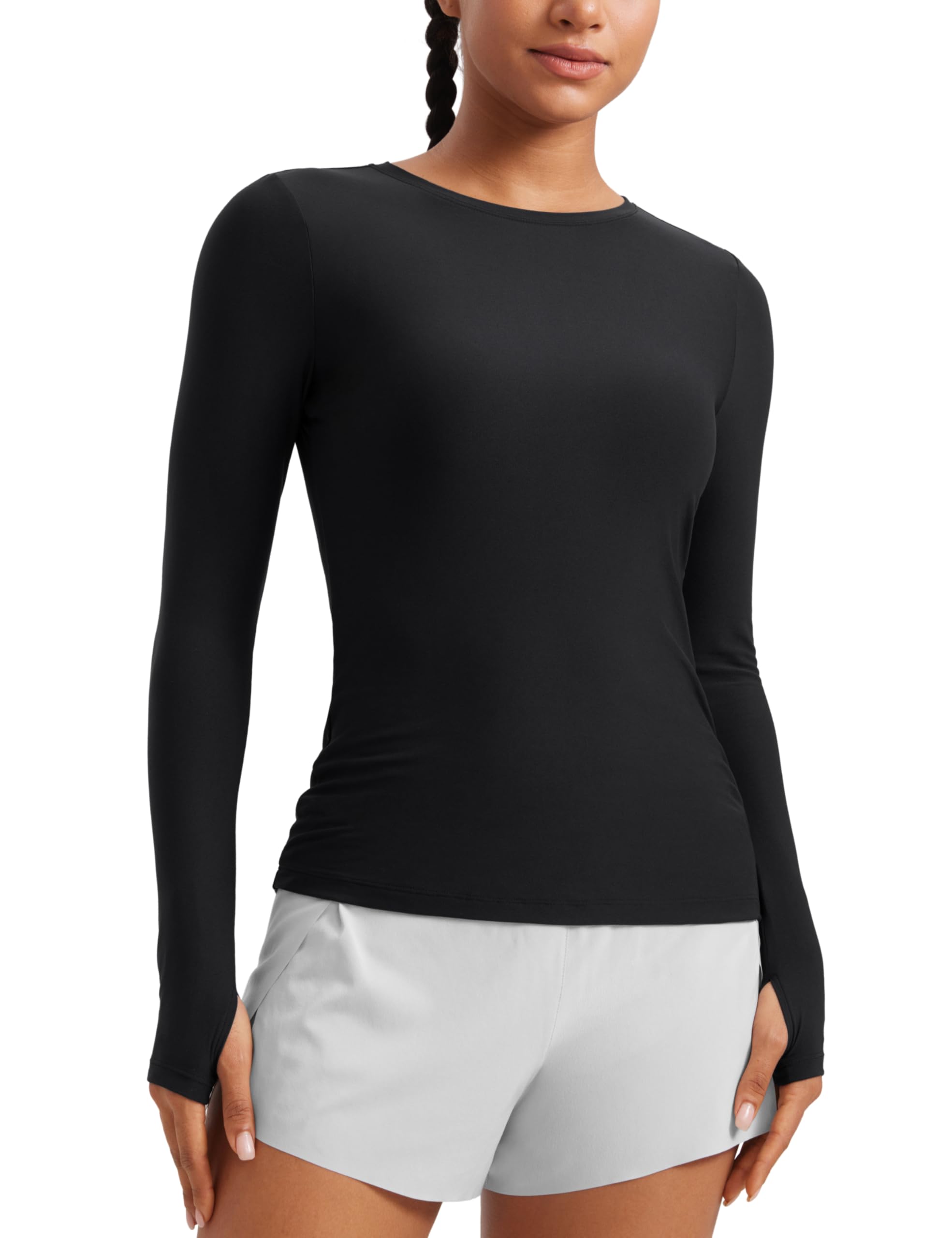 Photo 1 of CRZ YOGA Womens Cloudweight Long Sleeve Workout Tops Lightweight Athletic Basic Shirts Soft Casual T-Shirt with Thumb Hole Black X-Small