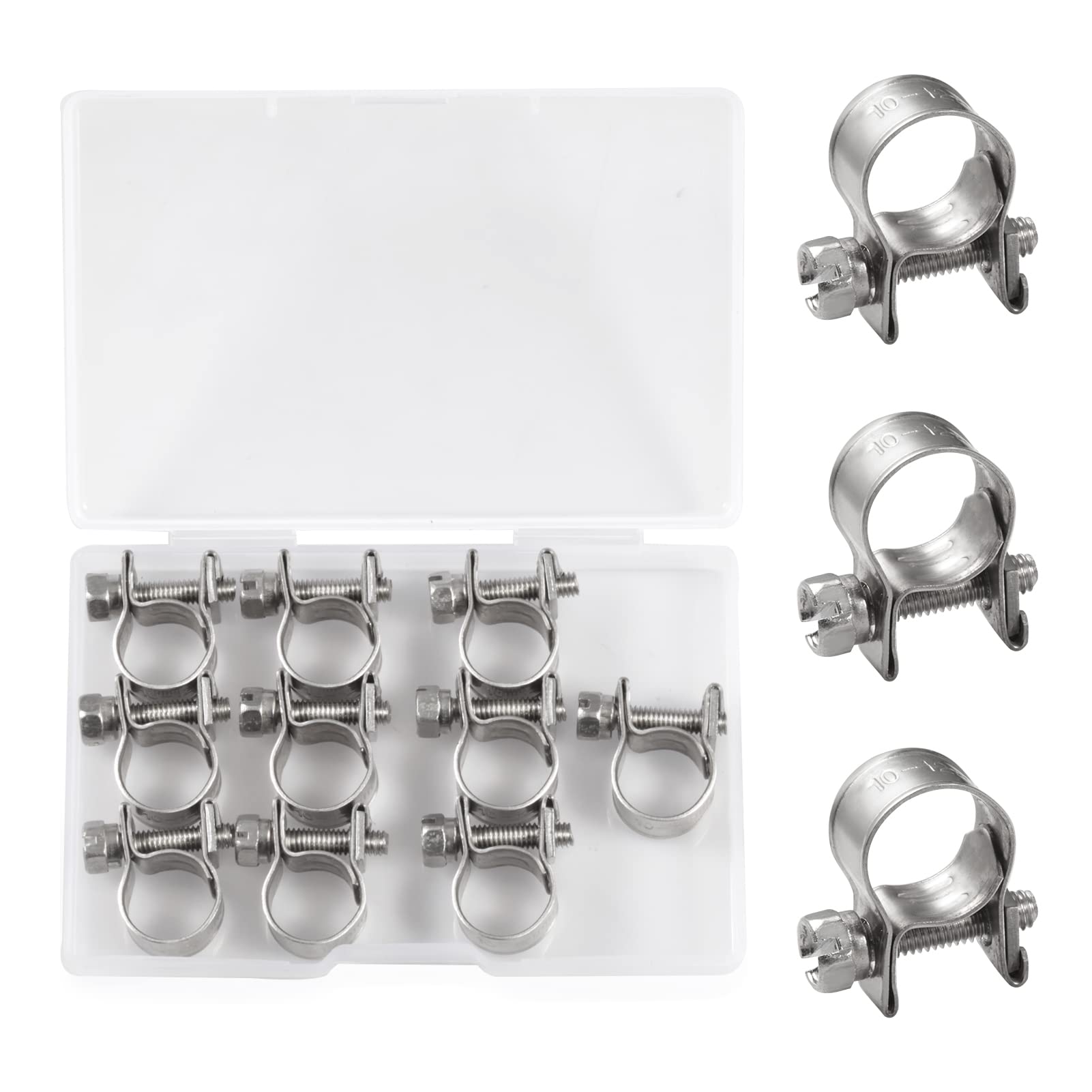 SPEEDWOX 10 Pcs Mini Fuel Injection Hose Clamps 304 Stainless Steel Adjustable Pipe Hose Clip Tube Clamps Set with Storage Box for Diesel Petrol Pipe Automotive Plumbing (10-12mm)