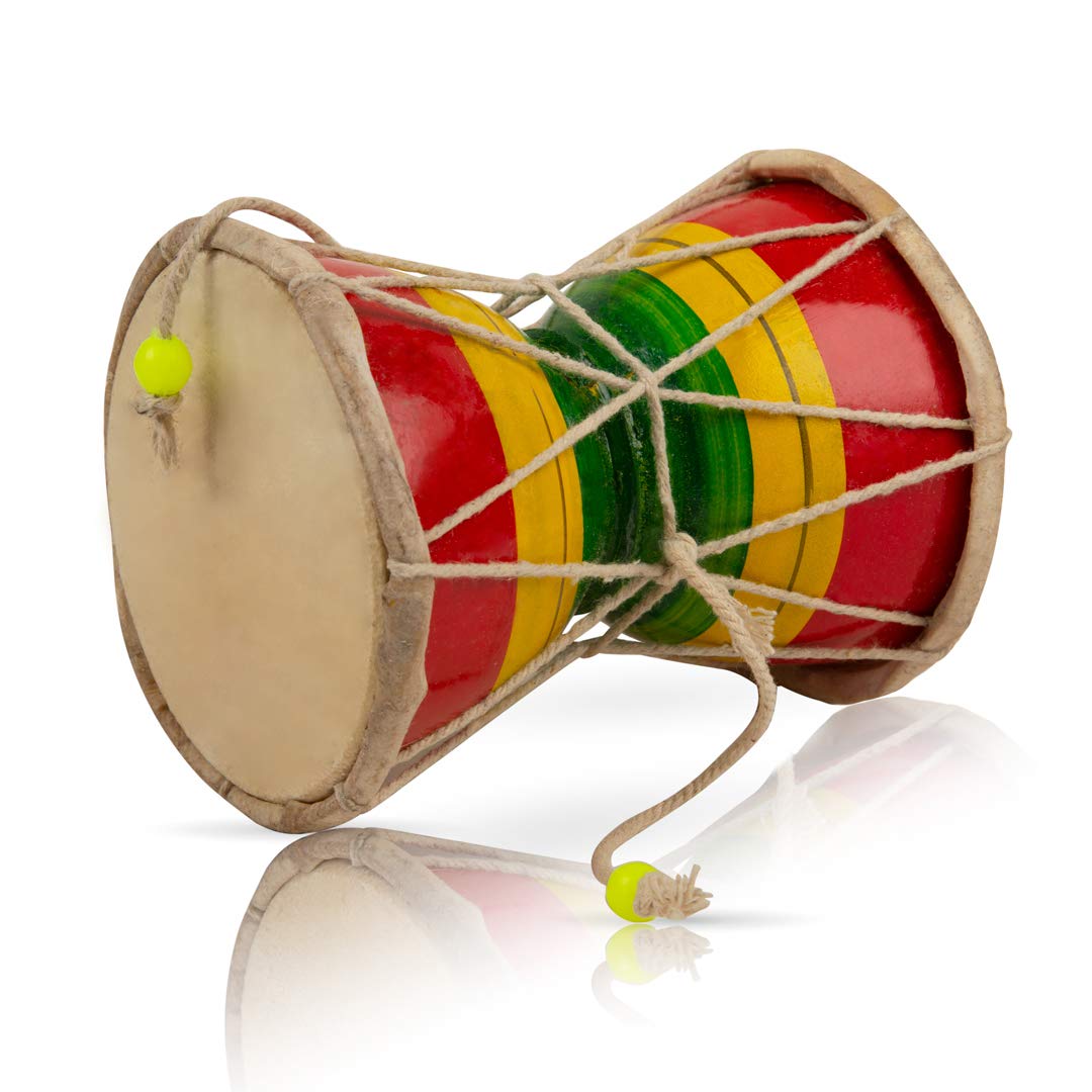 12 cms Small Handmade Traditional Authentic Wooden & Leather Classical Indian Folk Dumroo Damroo Damaru Hand Drum Percussion Instrument Set, Decorative Collectible Showpiece World Musical Instruments