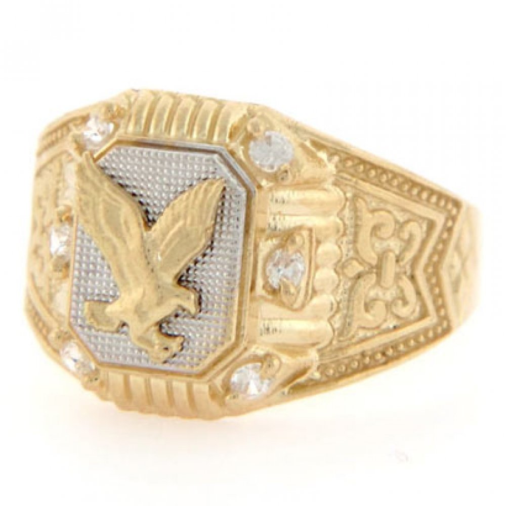 14k Two Tone Gold Eagle CZ Fancy Mens Ring Jewelry