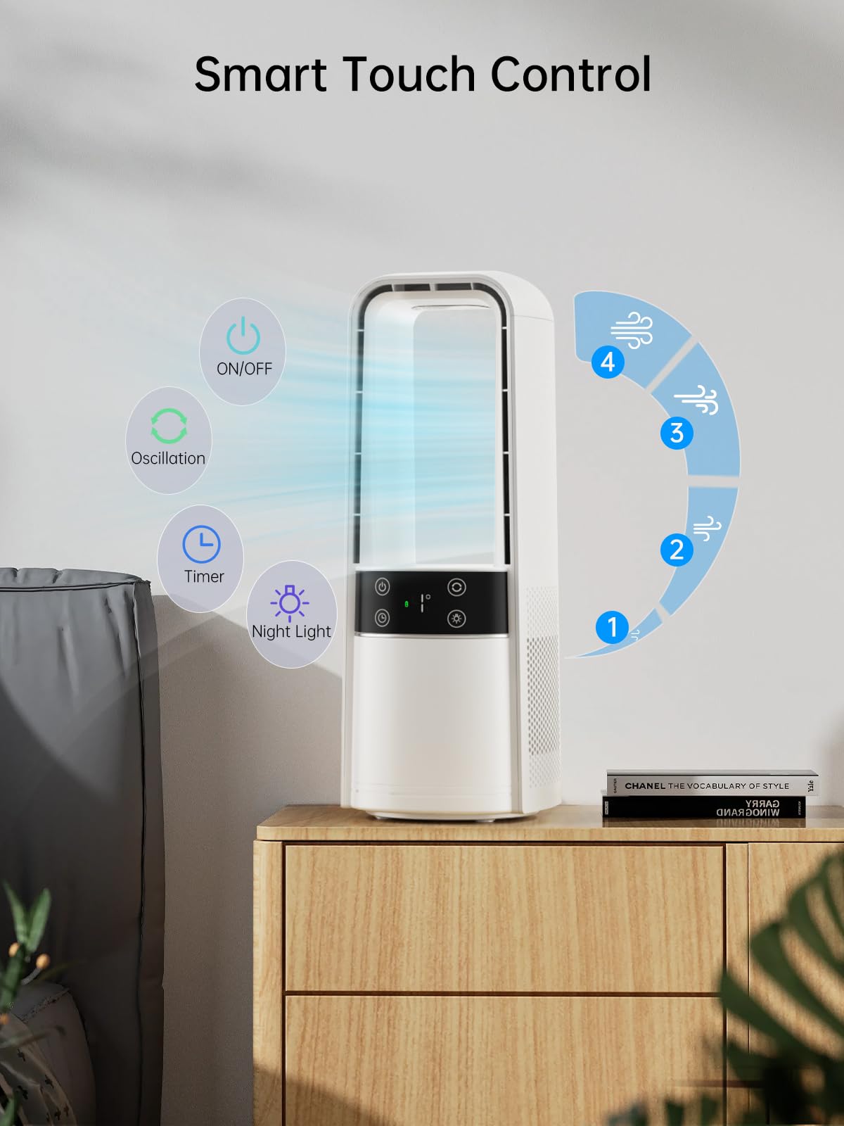 Desk Fan Bladeless, 120° Oscillating Fan Rechargeable, Quiet Fan with Night Light, Smart LED Touch Control, 4 Speed & 9H Timer, Small Table Fan, Auto Display Off, Ideal for Home, Office, Study Room