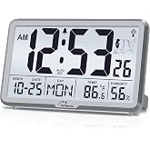 WallarGe Atomic Wall Clock with Backlight, Battery Operated | Large Digital Display, Indoor Temperature, Humidity, Date, AUTO DST, 6 Time Zones