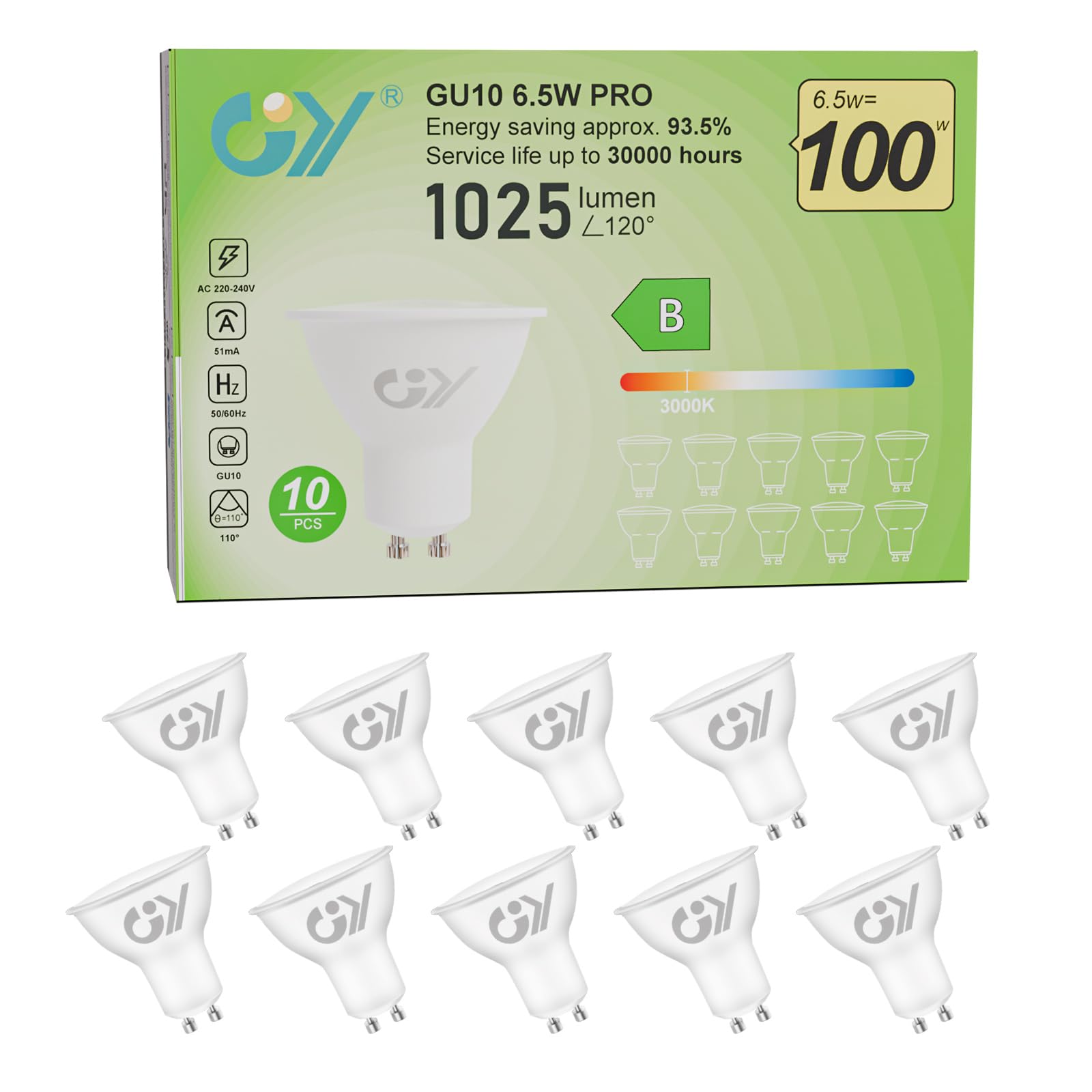GY GU10 LED Bulbs 6.5W 1025lm High Brightness Warm White 3000K Energy Saving,The New UK Energy Efficiency Class B Replaces 90W, 110°Beam Angle Non-Dimmable, 10 Pack — image 1
