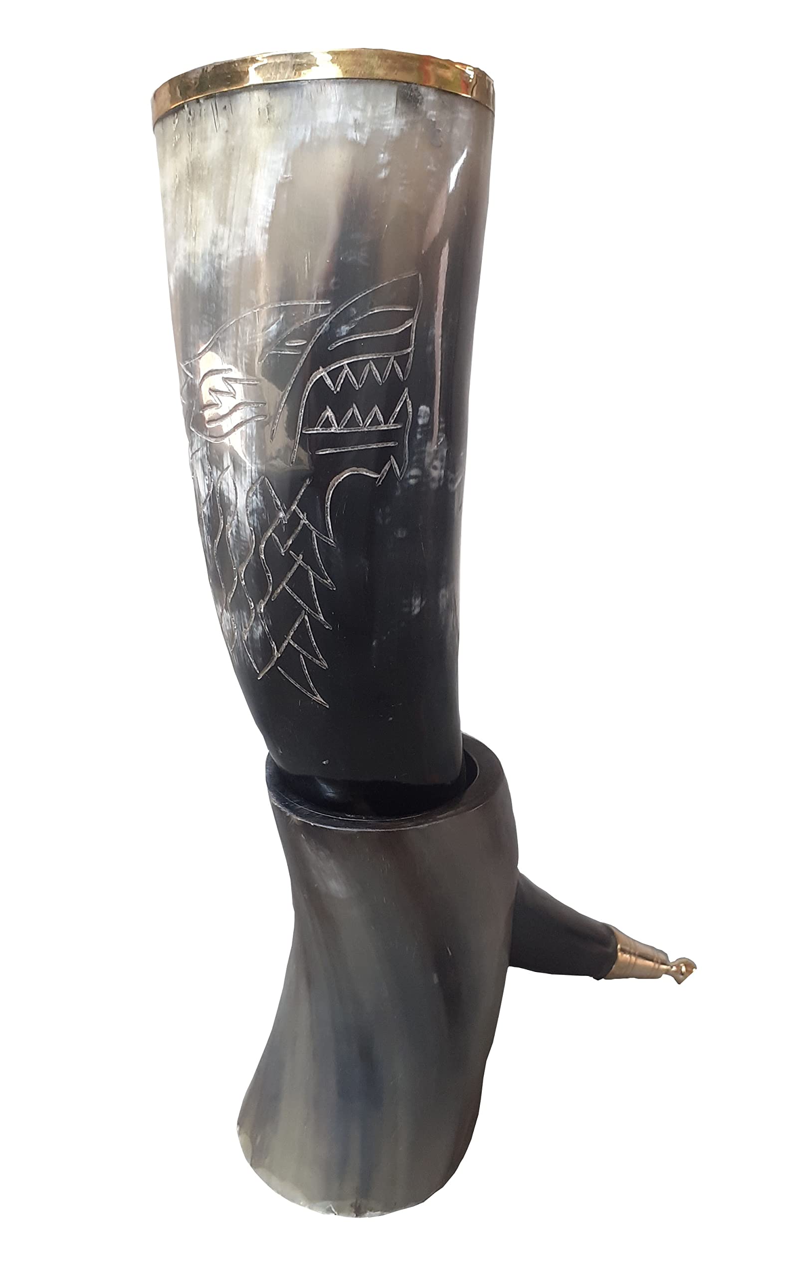 THE ANTIQUE HOUSE Wolf Engraving Ox-Horn Viking Drinking Horn Mug with Stand & Brass Rim Halloween Party Father Day Gift