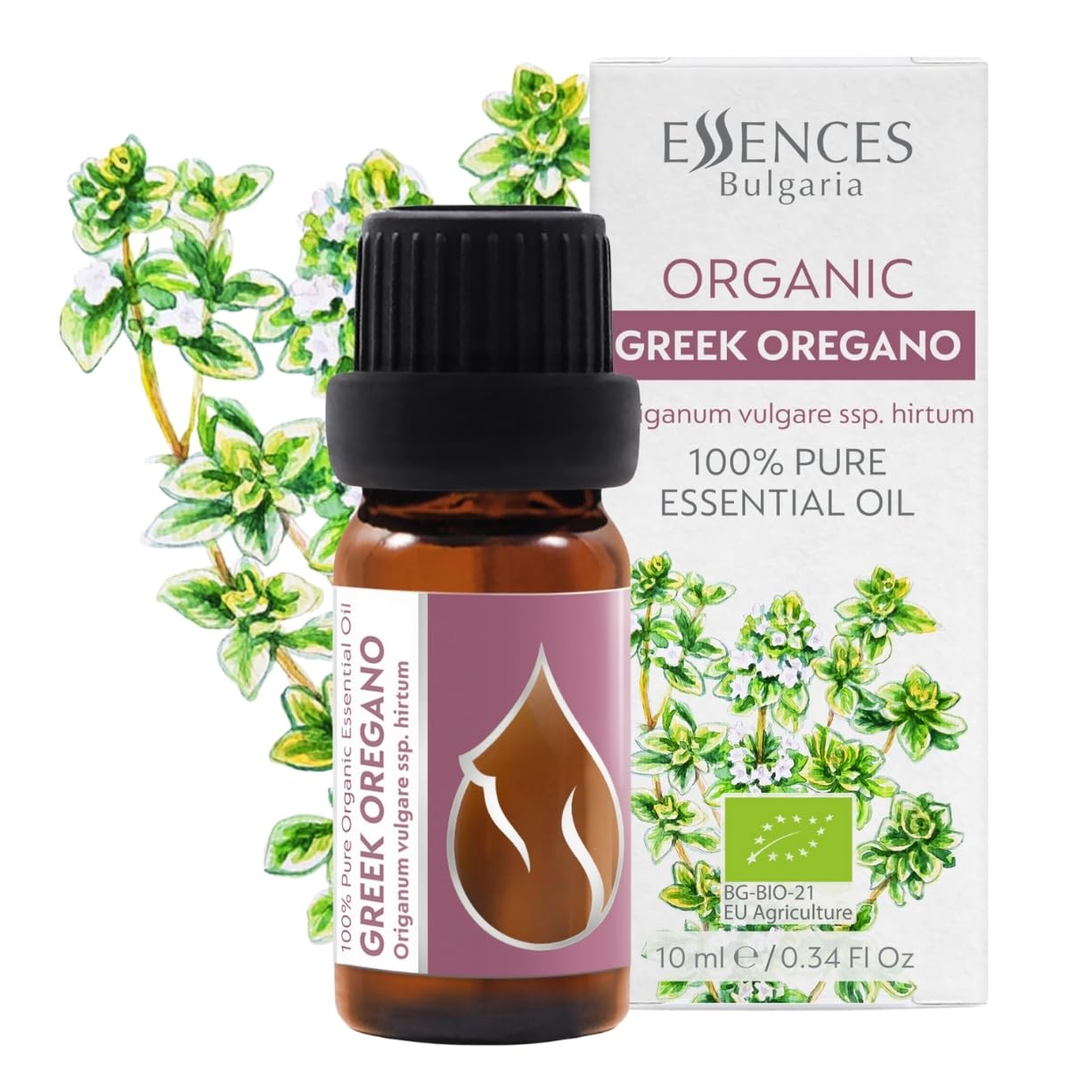 Essences Bulgaria Organic Greek Oregano Essential Oil 10ml | Origanum vulgare SSP. hirtum | 100% Pure and Natural | Undiluted | Therapeutic Grade | Family Owned Farm | Steam-Distilled | Non-GMO