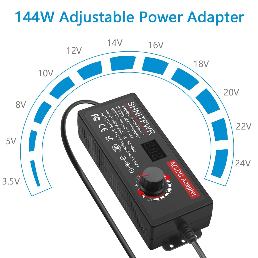 SHNITPWR Universal Power Supply DC 24V 12V 5V 6V 9V 14V 19V Adjustable AC/DC Adapter 100V~240V AC to DC Variable Power Converter Multi-Voltage 3.5V ~ 24V 6A 144W Power Adapter 14 Tips LCD Display