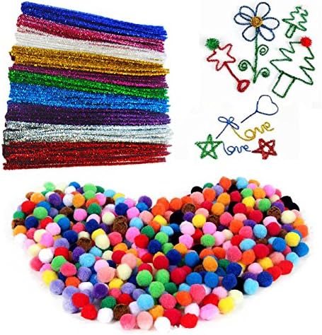 Fireboomoon 500PCS Craft Making Assorted Pom Poms 0.6" And 100Pcs/10 Colors Creative Metallic Pipe Cleaner Chenille Stem 12" x 6mm Inch,Glitter Sparkle Pipe Cleaner for Arts and Crafts.