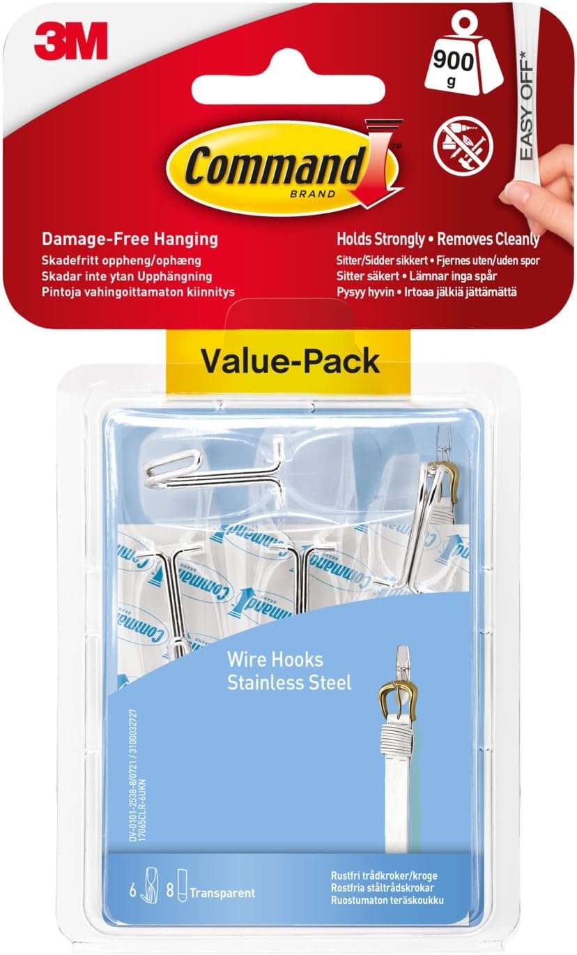Command Wire Toggle Medium Hook Pack of 6 with 8 Adhesive Strips Transparent