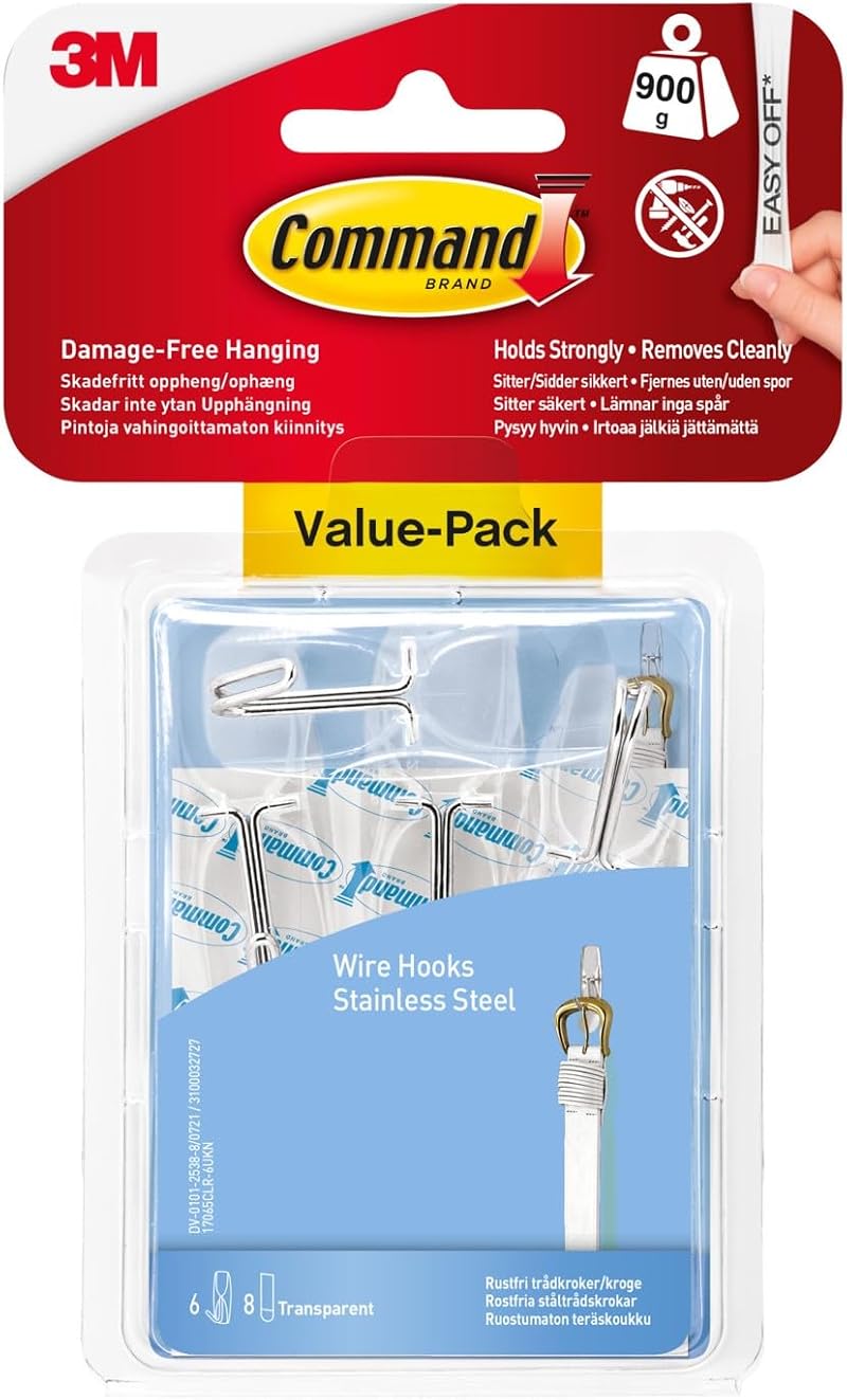 Command Wire Toggle Medium Hook Pack of 6 with 8 Adhesive Strips Transparent