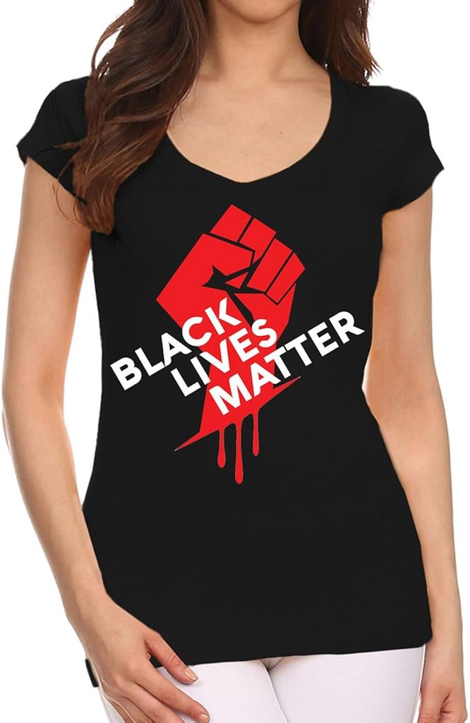 Black Lives Matter Protest Fist Junior's V-Neck T-Shirt Black at Amazon Womenâs Clothing store