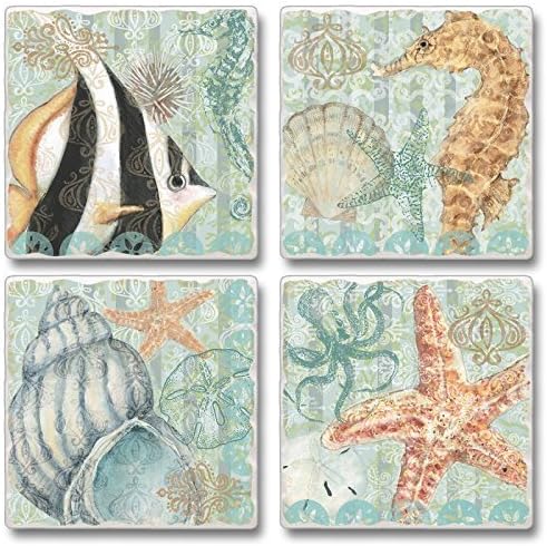 Under the Sea Angel Fish Seahorse Starfish Shell Absorbent Coasters Set of 4