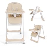 Cochildor 3-in-1 Foldable High Chair for Babies & Toddlers – Adjustable Height, Reclining Seat, 5-Point Safety Harness, Removable Tray, Lockable Wheels and Washable Cushion, Beige