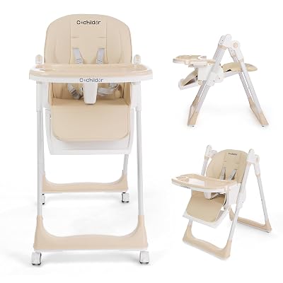 Cochildor 3-in-1 Foldable High Chair for Babies & Toddlers – Adjustable Height, Reclining Seat, 5-Point Safety Harness, Removable Tray, Lockable Wheels and Washable Cushion, Beige
