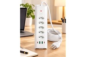 Extensão Elétrica 5 Tomadas, 2 USB-A e 2 USB-C, Filtro de Linha, 3 Pinos 10A e 20A, 2 Metros, Interruptor Liga e Desliga com Indicador LED, Proteção Contra Sobrecarga, Bivolt, Branca