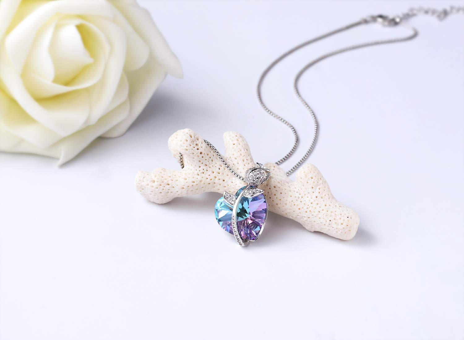 Swarovski Element Necklace Color Changing Crystal Rose Love Pendant Necklace for Women, Birthday Birthstone Jewelry Gifts for Girl, Amethyst Purple Pink, 18\