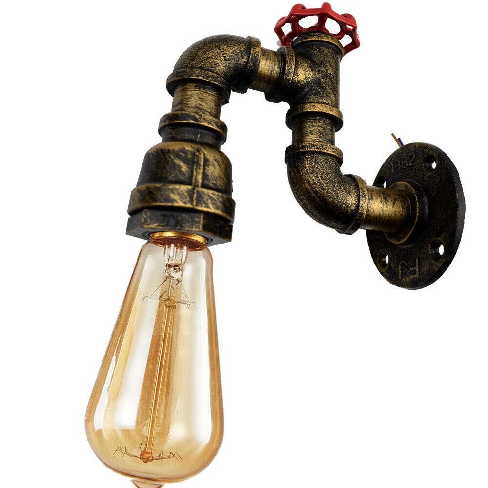 Vintage Retro Mid Century Look Industrial Steampunk Water Pipe Wall Mount Metal Wall Light Rustic Style for Home Pub Bedroom Kitchen Hotel Farmhouse Bar E27 UK (Red Valve Style, Brushed Brass)