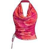 SHENHE Women's Tie Dye Halter Neck Draped Front Ruched Drawstring Backless Crop Top