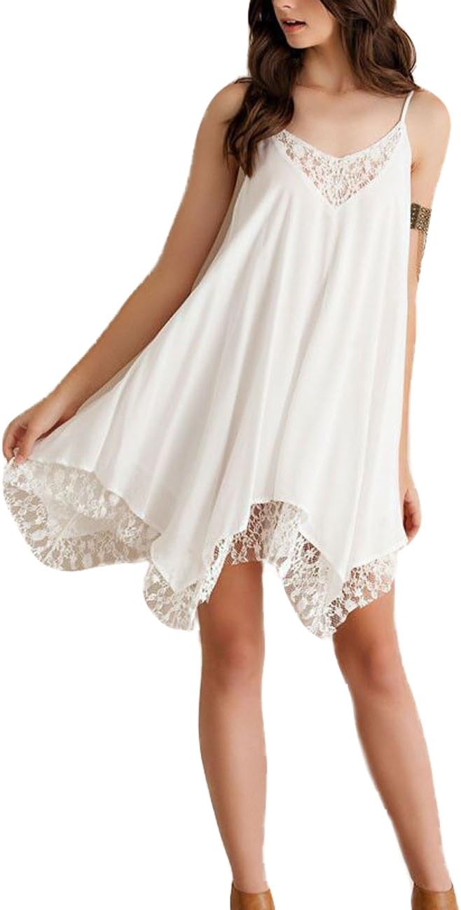 Ariamark Women Chiffon Casual Lace Trim Sling Dress Asymmetrical Hem Slip Sleepwear