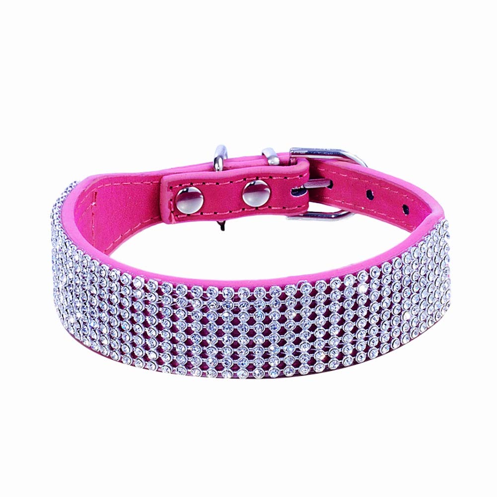 haoyueer Rhinestone Dog Collar, Bling Rhinestone Suede Leather Crystal Diamond Rhinestones Small Pet Cat Dog Puppy Collar (M, Hot Pink)