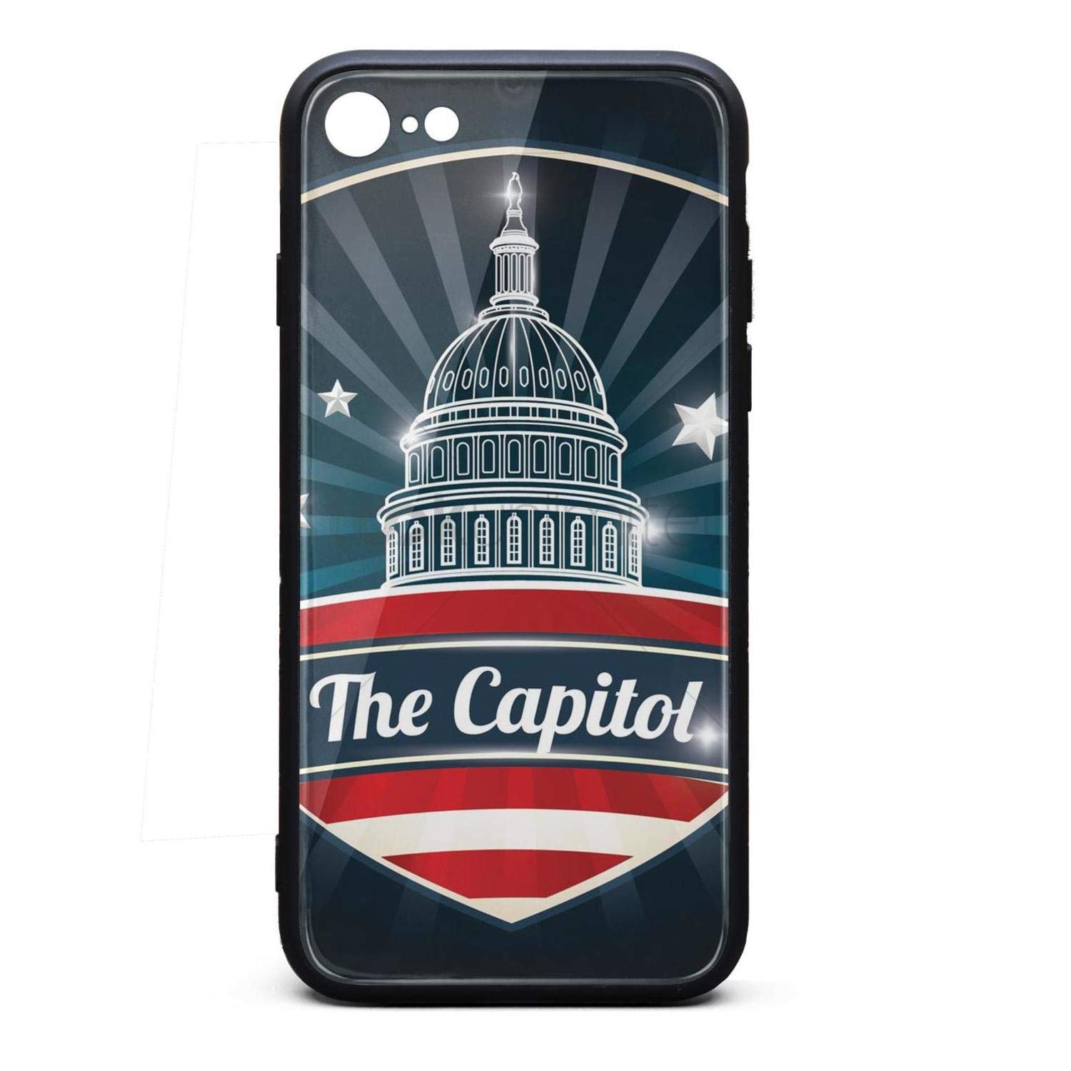 Phone Case for iPhone 6Plus/iPhone 6sPlus Vintage USA Capitol Building Poster Tempered Glass Black Anti-Scratch TPU Rubber Bumper Shock Cover for Man Back Cover