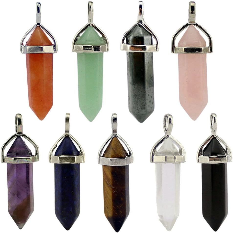 MIKINI 9pcs Silver Plated Wire Wrap Hexagon Pointed Cut Gemstone Healing Energy Natural Crystal Pendant Necklaces Pack, 18 Inches (9pcs (Cap))