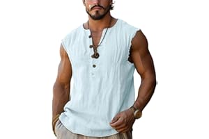 Cotton Linen Tank Tops for Men Solid Color Sleeveless Muscle Workout Gym Henley Shirts Casual Button Slim Fit Tee