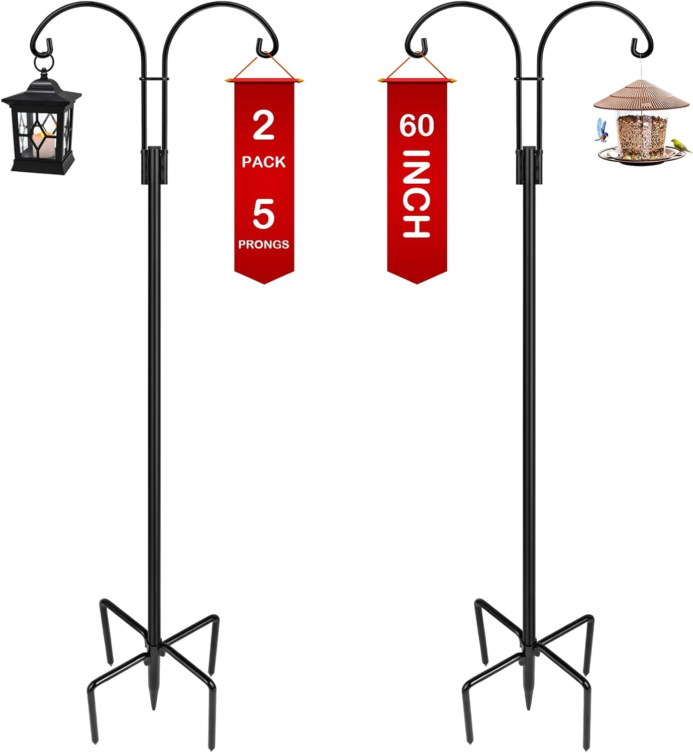 Outdoor Shepherd's Hooks - XDW-GIFTS Double Shepherds Hooks for Outdoor, 2-Pack Heavy Duty Garden Pole for Hanging Bird Feeder, Plant Baskets, Solar Light Lanterns, Garden Plant Hanger Stands with 14 Base Prongs