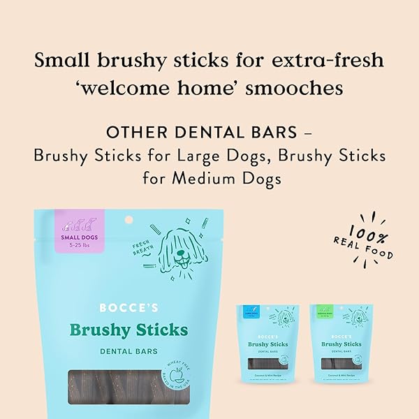 BOCCE’S BAKERY DAILIES BRUSHY STICKS TO SUPPORT ORAL HEALTH & FRESH BREATH, WHEAT-FREE DENTAL BARS FOR DOGS, MADE WITH REAL INGREDIENTS, BAKED IN THE USA, ALL-NATURAL COCONUT & MINT RECIPE, SMALL DOGS