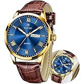Taxau Men's Watch Big Face Easy Read Arabic Numeral Dress Watches for Men Classic Black Brown Leather Band Analog Mens Wrist Watch with Day and Date Fashion Business Waterproof Luminous Quartz Watch
