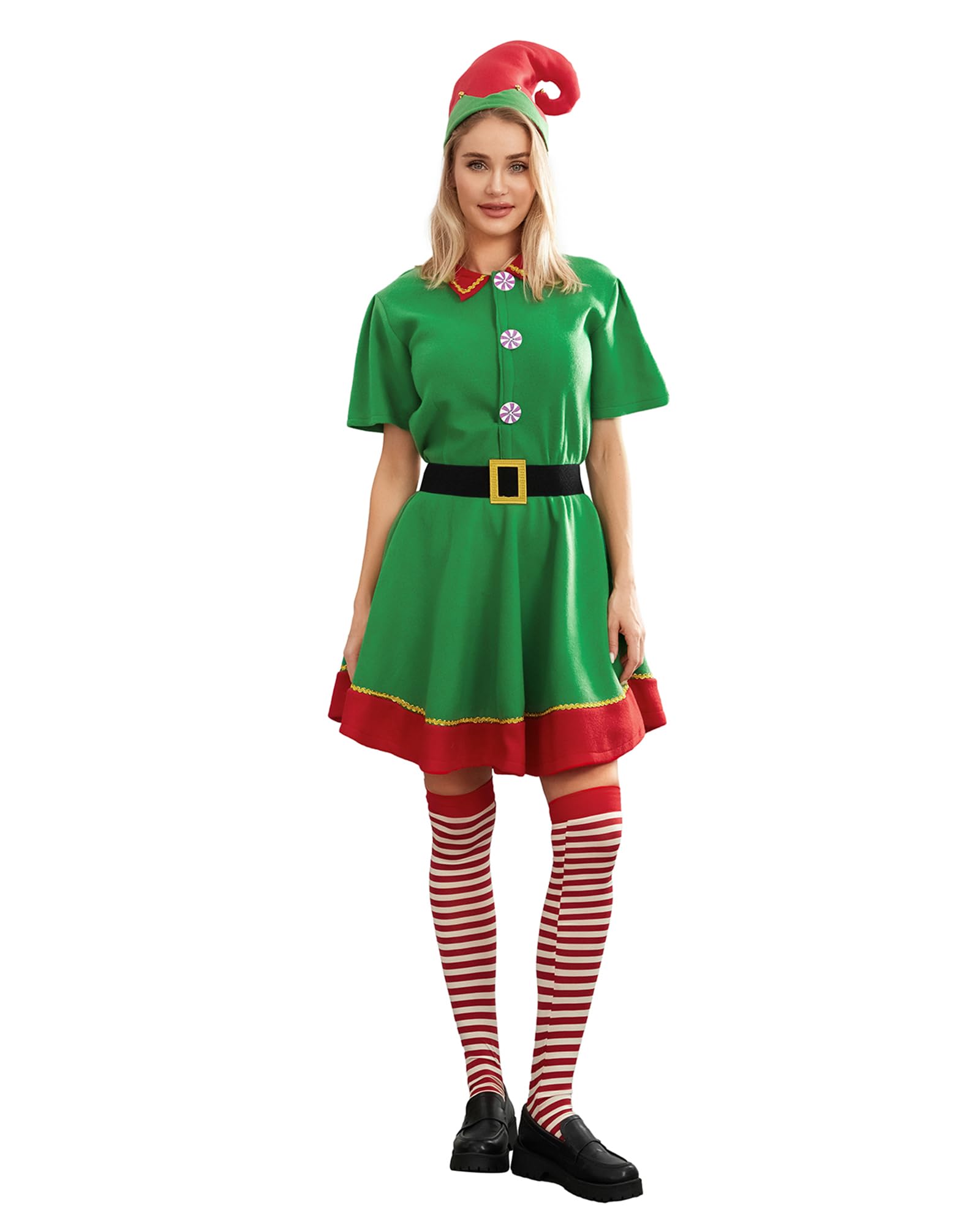 Yoisdtxc Christmas Elf Costume for Parents and Child, Toddler Santa Costume, Short Sleeve Dress Pants with Hat, Belt and Socks (Women, XL)