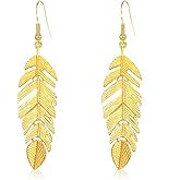 NUNAGIN Bohemian Floating Feathers Dangle Earrings - Long Hanging Metal Link Leaf Drops for Women -Lightweight Layered Dangling Leaves Hook Earrings