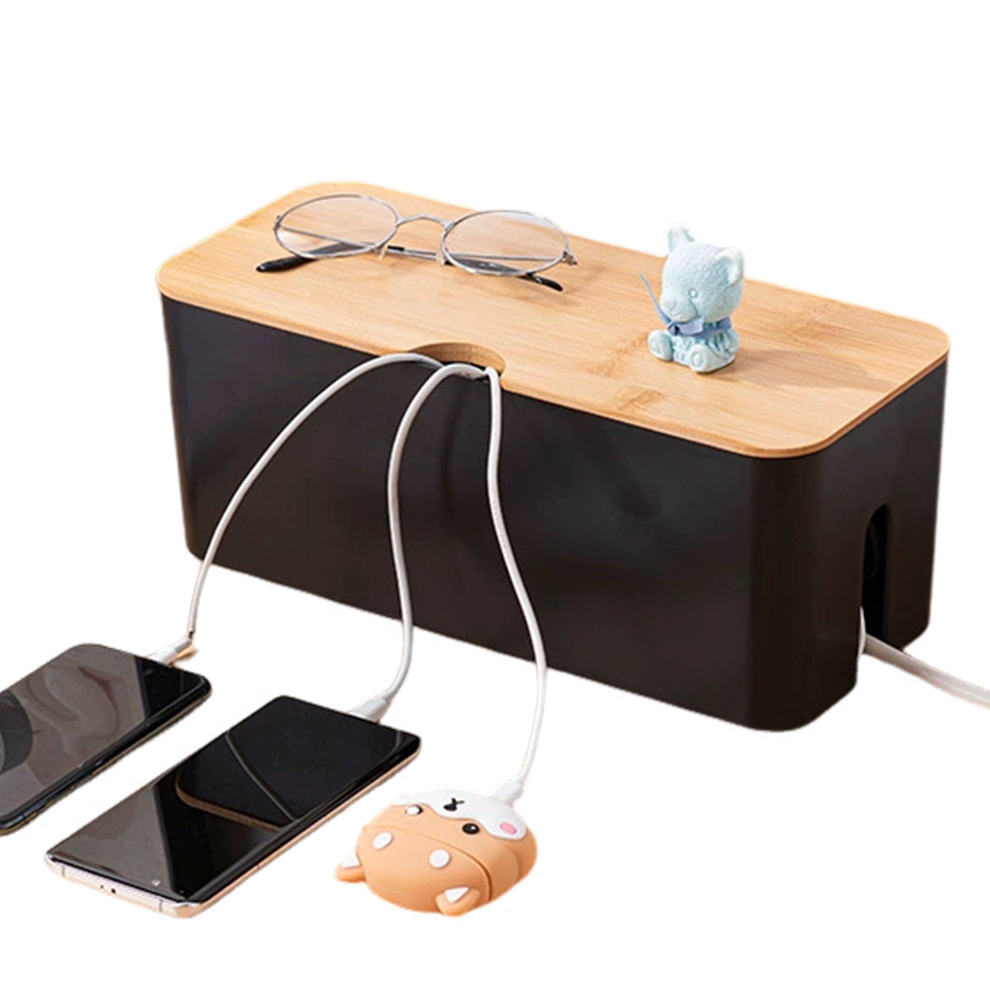 JIAMIAN Cable Tidy Box, Cord Organiser Cable Storage Box, Large Cable Management and Desktop Storage Box, Cord Wire Organiser Box, for Storage Extension Cables(B), Bamboo Cover Black