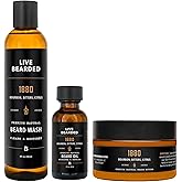 Live Bearded 3-Step Beard Grooming Kit - Wash, Oil and Butter - Made in the USA - All-Natural Ingredients with Shea, Jojoba - Growth Support | 1880 Scent - Bourbon, Bitters, Citrus