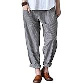 Minibee Women's Wide Leg Harem Pants Cotton Linen Striped Casual Palazzo Pants with Pockets