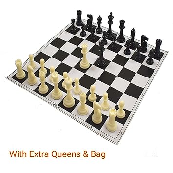 17X17 Tournament Chess Set - Filled Solid Chess Pieces with (Two Extra Queens) & Black Roll-Up Vinyl Chess Board by-Wigano