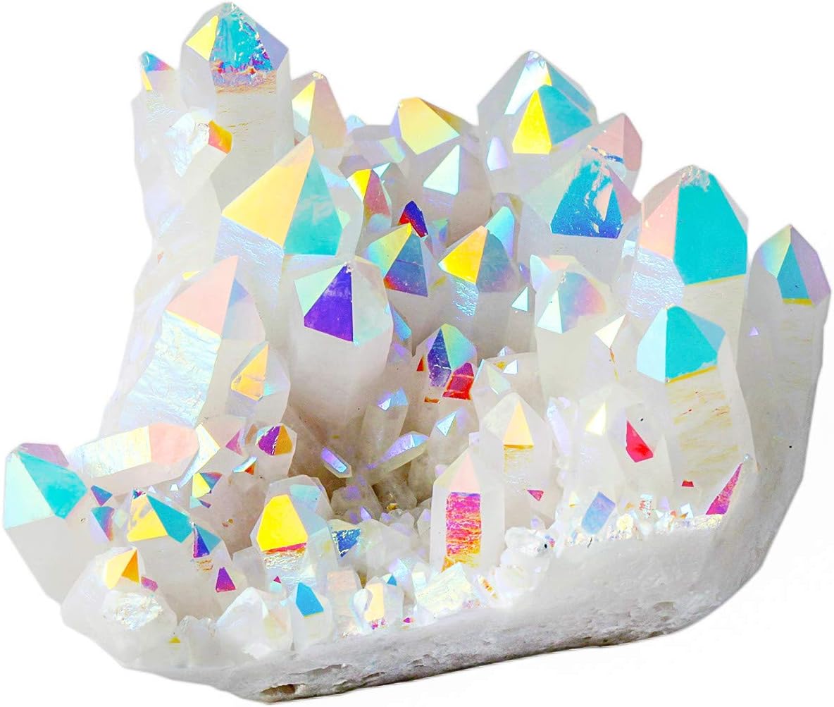 Nupuyai Titanium Coated Rock Crystal Cluster Drusy Geode for Healing Reiki Energy Irregular Rough Gemstone for Home Decor Angel Aura Quartz