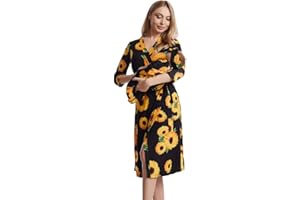 Galabloomer Maternity Robe and Baby Receiving Blanket, Matching Mommy Labor Delivery Robe and Swaddle Set (M, Black Sunflower