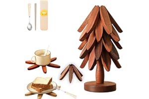 Natural Tree Trivet Set - 4 Wooden Trivets & 1 Stand Like A Christmas Tree, Natural Foldable Black Walnut Wooden Set, Artisan