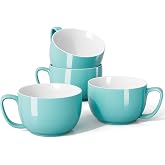 Teocera 24 oz Soup Bowls with Handles, Porcelain Large Coffee Mug Set, Jumbo Mugs, Soup Bowls Mugs set of 4 for Coffee, Oatmeal, Stew - Striped Design, Turquoise