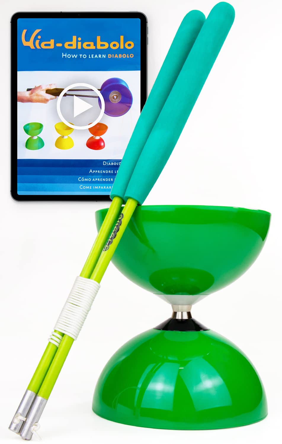 Juggle Dream Big Top Diabolo - Bearing Axle - with Super Glass Handsticks and Online Learning Video - Juggling Set (Green Diabolo/Green Handsticks)