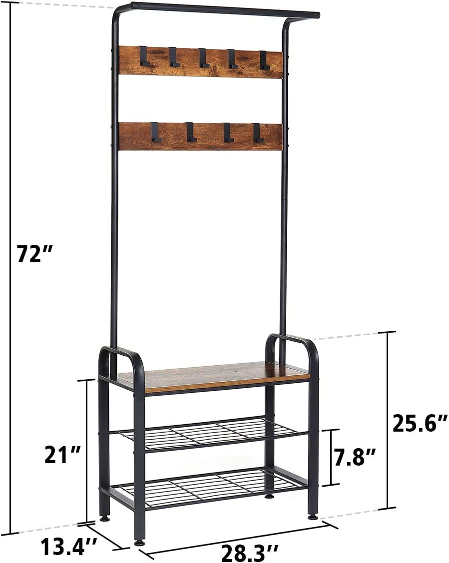 shoe bench on Furniture Kingso Industrial Coat Rack Shoe Bench 9 Hooks Hall Tree Entryway Coat Shoe Rack 3 Tier Shoe Bench 3 In 1 Design Wood Look Accent Furniture With Stable Metal Frame Easy Assembly