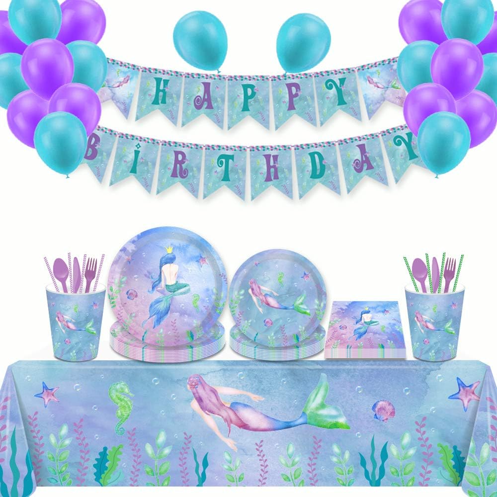 LJCL 182Pieces Mermaid Birthday Party Supplies Set ,Under the Sea Baby Shower Decoration Kit,Mermaid Birthday Banner,Mermaid Party 7” Plates,9” Plates,Cups,Napkins,Straws, Forks,Knives,Spoons,Balloons ,Serves 16