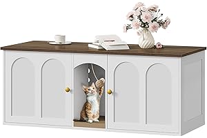 CHOEZON 47.2'' Double Cat Litter Box Enclosure, Hidden Cat Litter Box Furniture with Scratching Board and Dangling Ball, for 2 Cats, White and Walnut MMW02WL