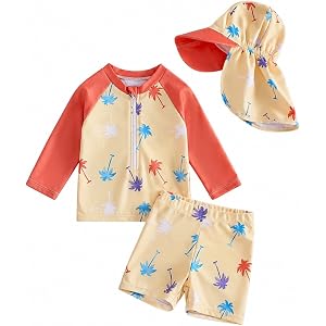 JiAmy Toddler Boys Rash Guard Swimsuit Set with Sun Hat, Long Sleeve Baby Boy Bathing Suit with Swim Trunks, 6M-4Y
