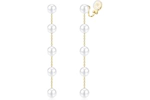 CASSIECA 14K Gold Plated Clip on Pearl Earrings for Women Girls - Long Dangle Pearl Drop Ear Clips for Wedding, Bridal Gifts