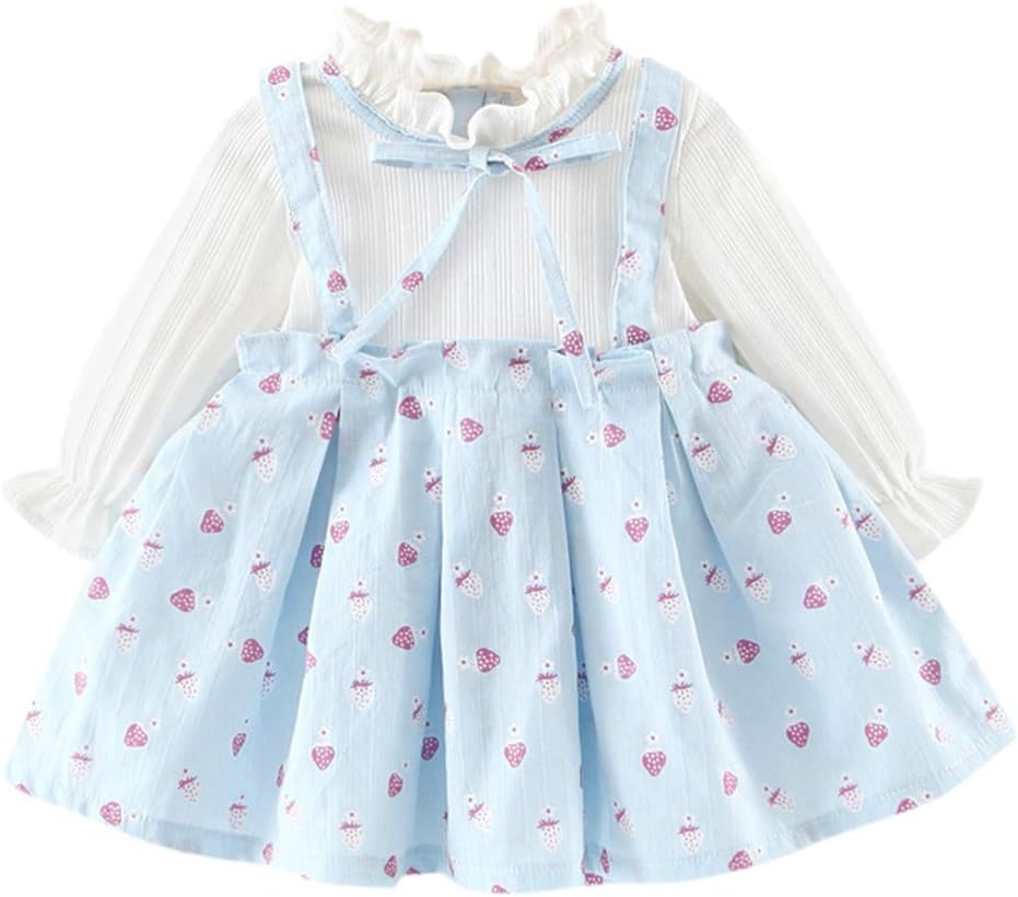 Girls Dresses Baby Toddler Kids Long Sleeve Ruffle Printed Bow Clothes Outfit for 0-2 Years