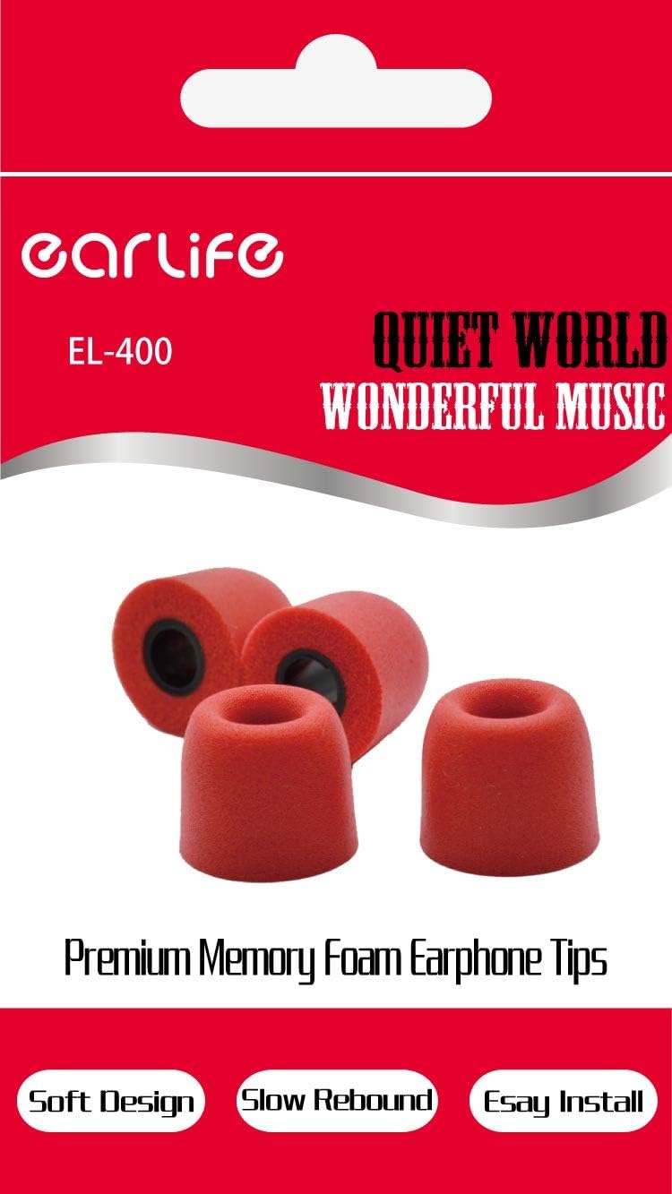 Earlife EL-400 3 Pairs/Set 4.9mm Premium Memory Foam Earbuds, Noise Isolating in-Ear Earphone Headphone Earbud Eartips T400 (Red)
