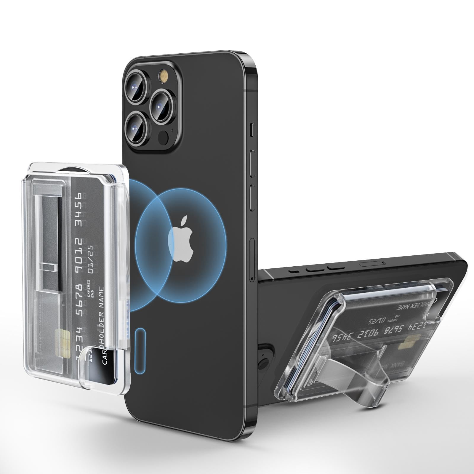 AUROX MagSafe Wallet Stand, Magnetic Phone Grip Card Holder With Secure Grip for iPhone 16 15 14 13 12 Series, Fit 2 Cards, Clear